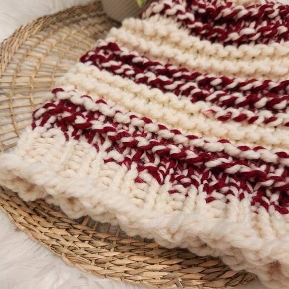 Handmade Loom Knit Red & Cream Striped Winter Stocking Hat - Picture 2 of 4